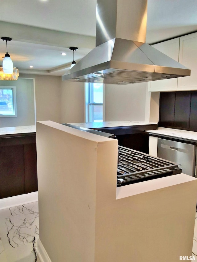 309 W 11th St, Metropolis, IL 62960 - kitchen with island range hood, marble finish floor, white cabinetry, and decorative light fixtures