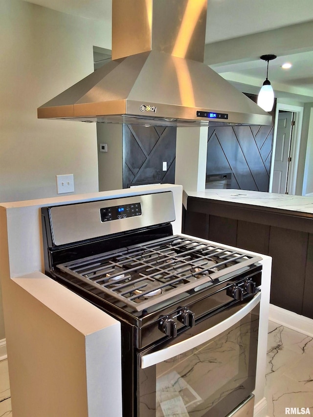 309 W 11th St, Metropolis, IL 62960 - kitchen with island range hood, marble finish floor, decorative light fixtures, and gas stove