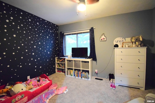 bedroom with carpet floors and ceiling fan