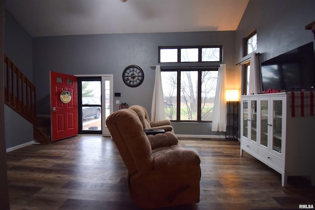 living room with dark hardwood / wood-style flooring