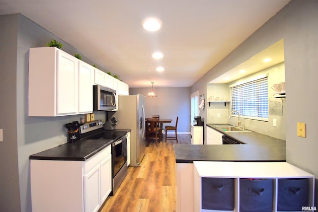 kitchen featuring kitchen peninsula, stainless steel appliances, white cabinetry, and sink