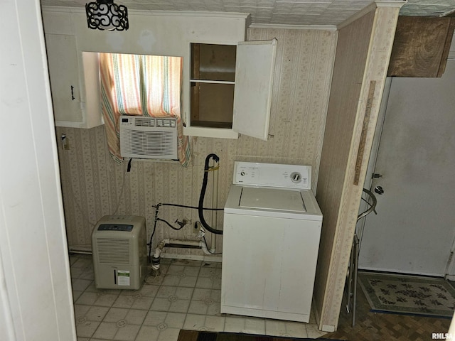 17061 N Fairdrive Ln, Woodlawn, IL 62898 - laundry room featuring cooling unit, crown molding, and washer / clothes dryer