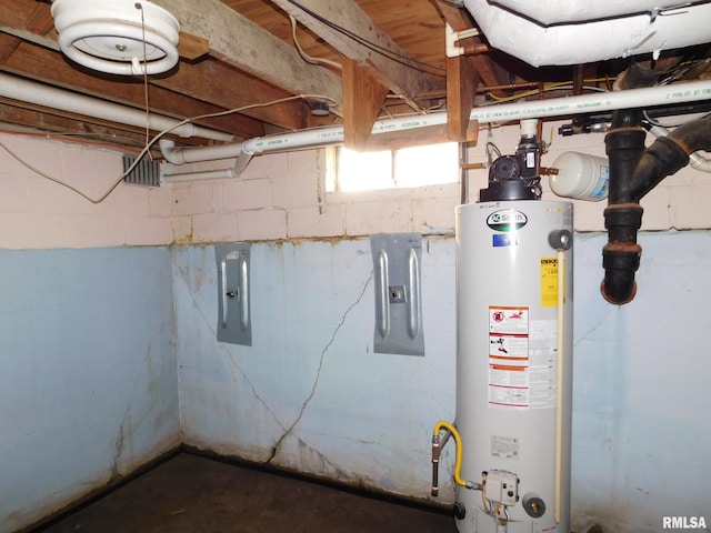 utility room featuring gas water heater and electric panel