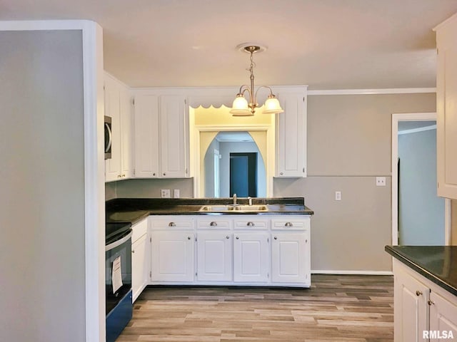 kitchen with white cabinets, range with electric stovetop, and sink