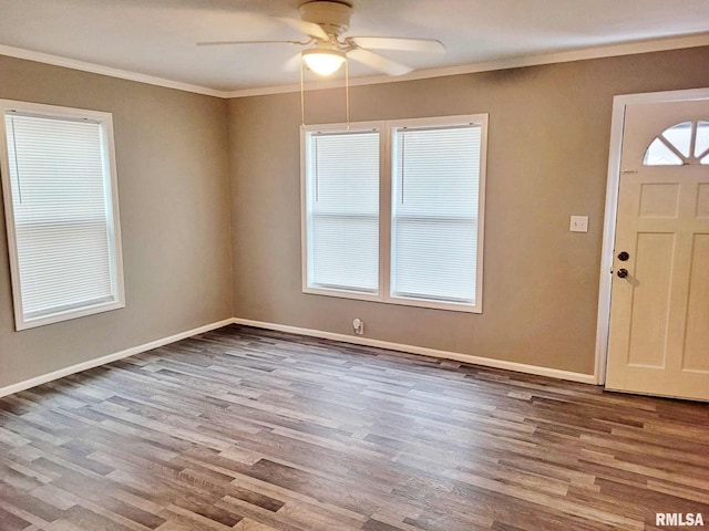 foyer featuring wood-type flooring, ceiling fan, and crown molding