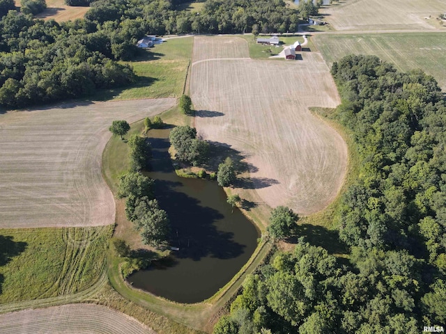 bird's eye view featuring a rural view and a water view