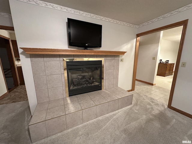 10965 E 700th Ave, Watson, IL 62473 - unfurnished living room featuring a fireplace, carpet floors, baseboards, and tile patterned flooring