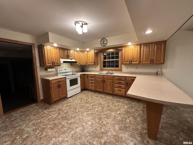 10965 E 700th Ave, Watson, IL 62473 - kitchen featuring white range with electric stovetop, under cabinet range hood, a peninsula, light countertops, and a sink