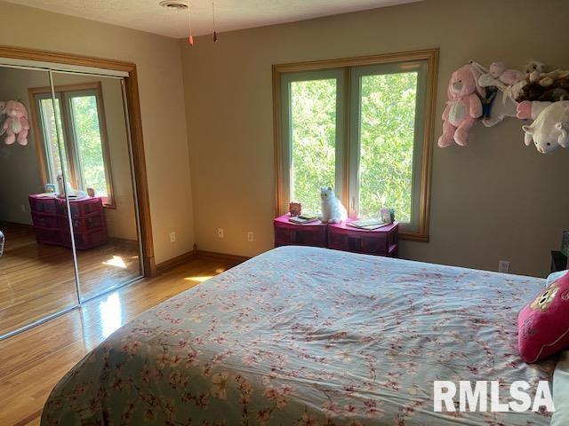 bedroom with light hardwood / wood-style flooring and a closet