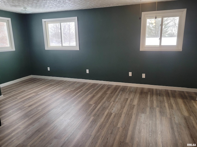 empty room featuring a healthy amount of sunlight, wood-type flooring, and a textured ceiling