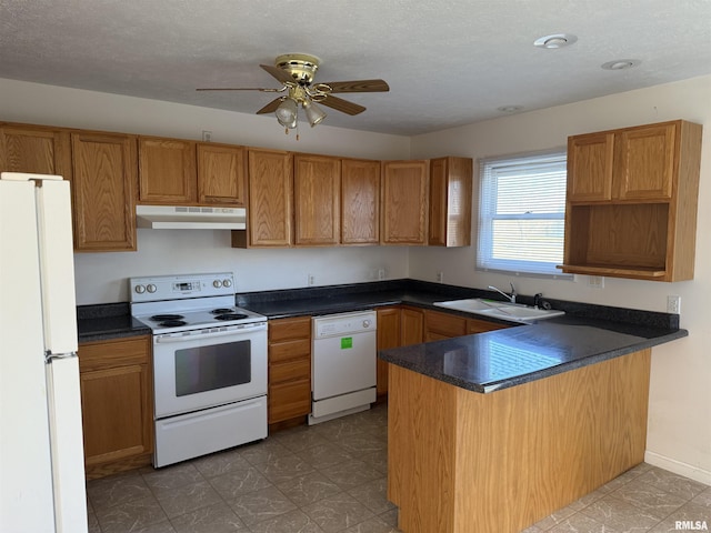 kitchen featuring kitchen peninsula, ceiling fan, sink, and white appliances