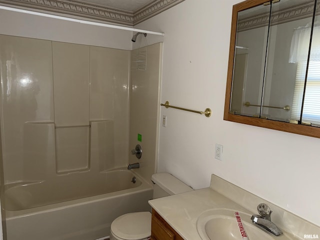 full bathroom with vanity, bathtub / shower combination, and toilet