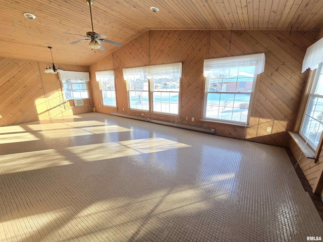 spare room with ceiling fan with notable chandelier, lofted ceiling, baseboard heating, and wooden walls