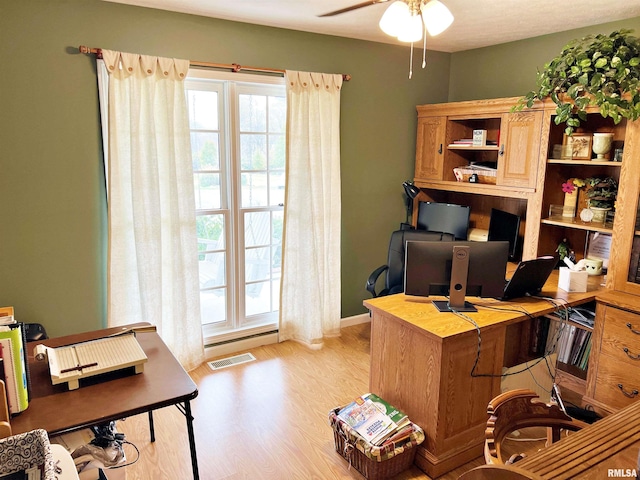 office space with light hardwood / wood-style floors and ceiling fan