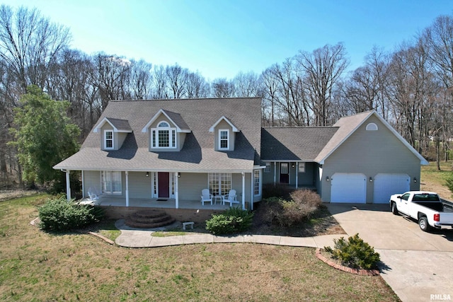 view of front of home featuring driveway, roof with shingles, a porch, an attached garage, and a front lawn