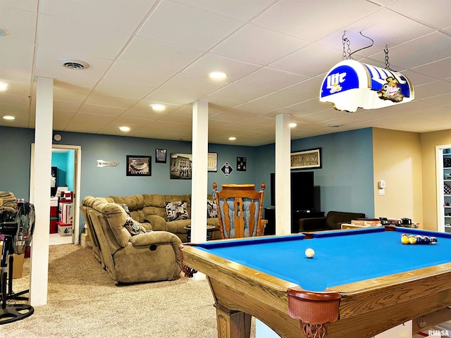 rec room featuring carpet flooring, a drop ceiling, and billiards