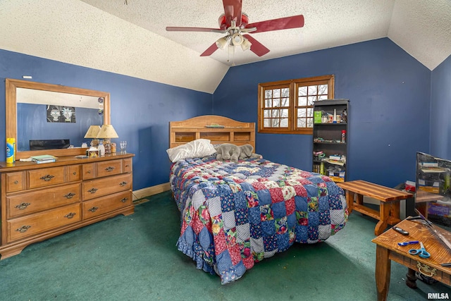 bedroom featuring a textured ceiling, dark carpet, ceiling fan, and lofted ceiling