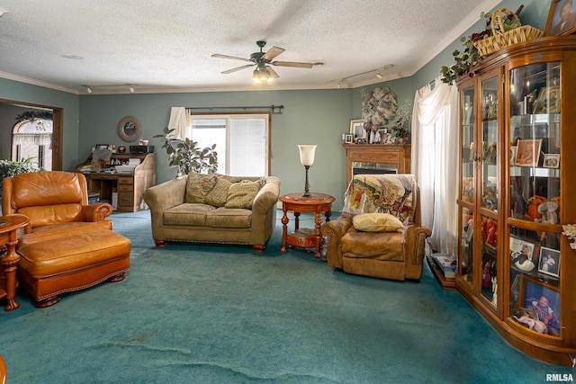 living room featuring ceiling fan, carpet, a textured ceiling, and ornamental molding