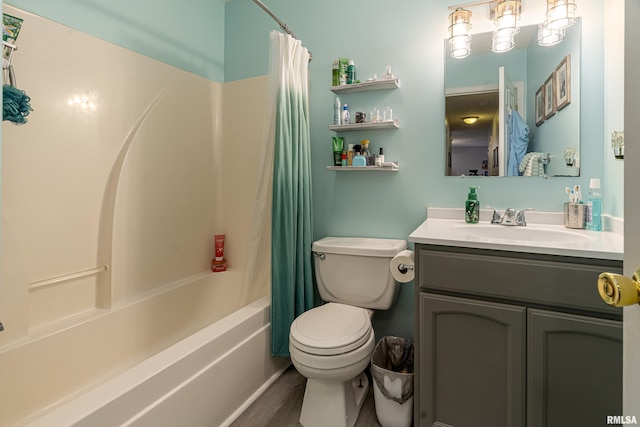 full bathroom with vanity, toilet, and shower / tub combo with curtain