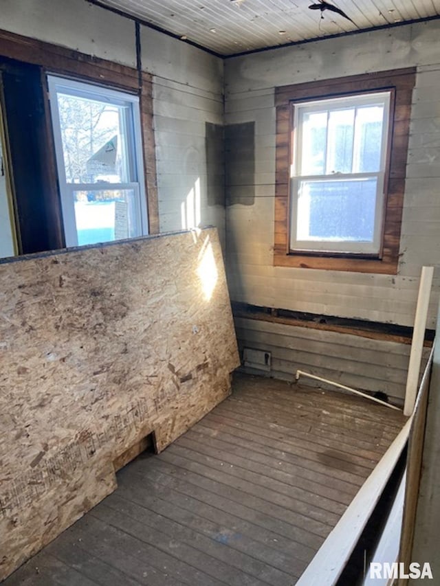 interior space with dark hardwood / wood-style floors and wood ceiling