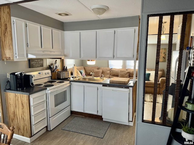 kitchen with white appliances, under cabinet range hood, white cabinetry, and a sink