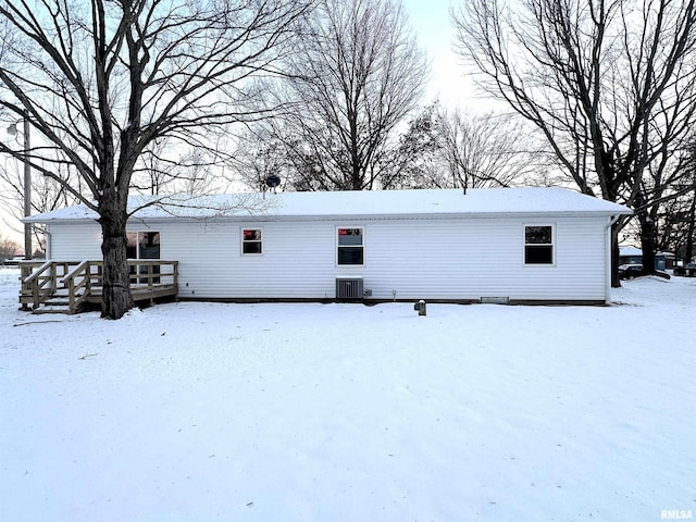 snow covered house with central AC unit