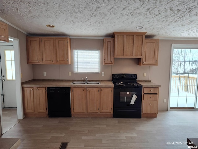 kitchen featuring a textured ceiling, sink, black appliances, light brown cabinets, and light hardwood / wood-style flooring