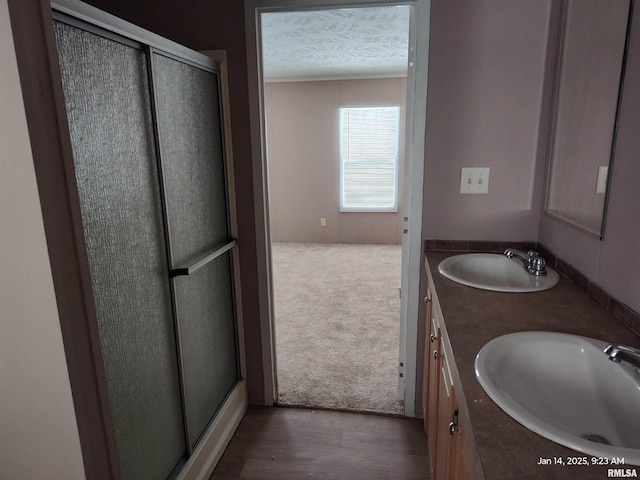 bathroom featuring vanity, a shower with shower door, and wood-type flooring