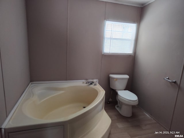 bathroom with a bathing tub, hardwood / wood-style flooring, and toilet