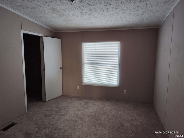 carpeted spare room with a textured ceiling and ornamental molding