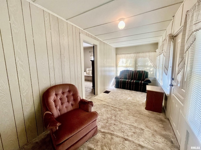 sitting room with wooden walls and carpet flooring