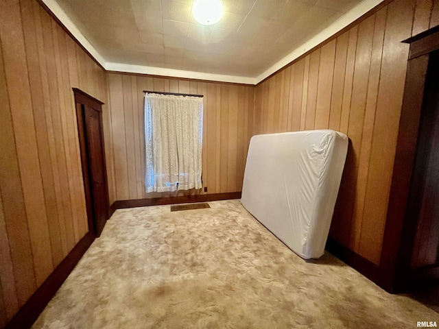 unfurnished room with wood walls and light carpet