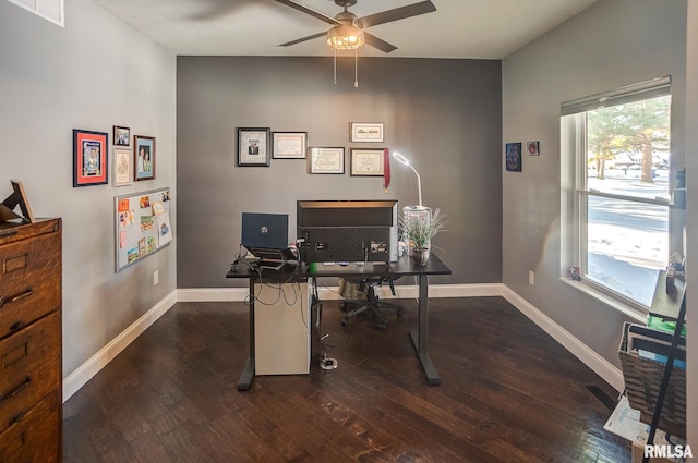 office featuring ceiling fan and dark wood-type flooring