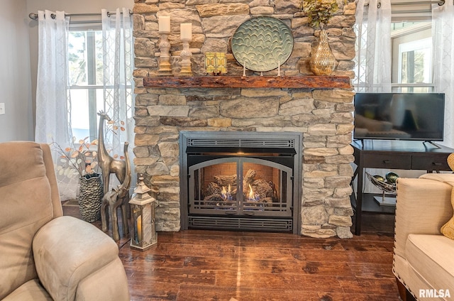 room details featuring a fireplace and hardwood / wood-style flooring