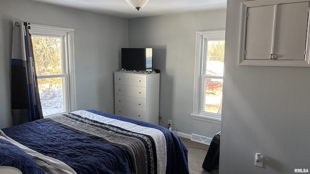 carpeted bedroom featuring multiple windows