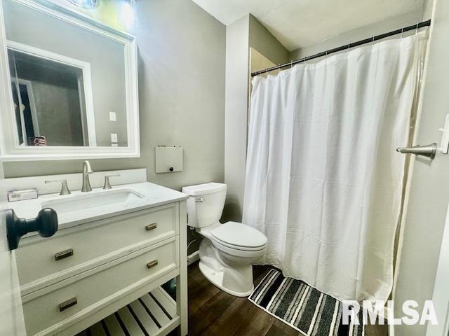 bathroom with toilet, vanity, and wood-type flooring