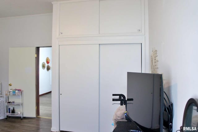 interior space with dark wood-type flooring