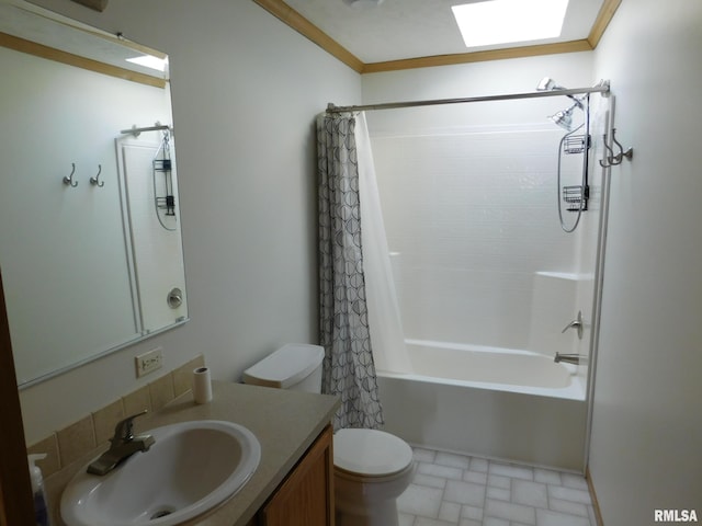 full bathroom with vanity, ornamental molding, toilet, and shower / bath combo