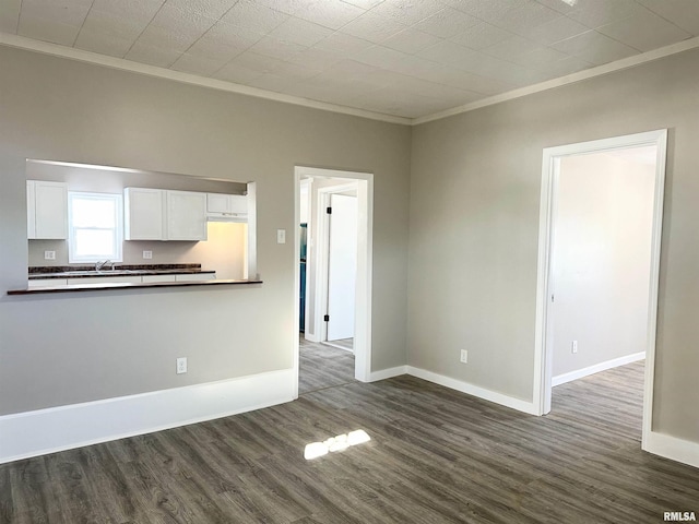 unfurnished living room with sink, dark hardwood / wood-style flooring, and crown molding