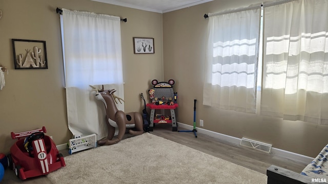 misc room with wood-type flooring and crown molding