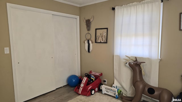 recreation room with hardwood / wood-style floors