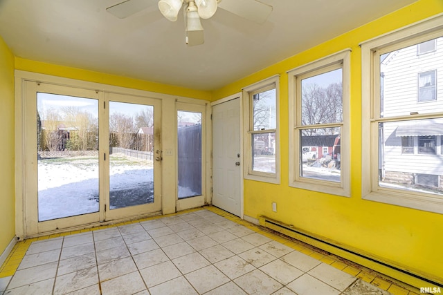 unfurnished sunroom featuring ceiling fan and baseboard heating