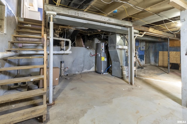 basement with water heater and heating unit