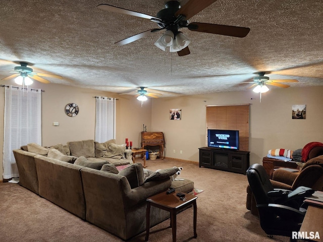 living room with light carpet and a textured ceiling