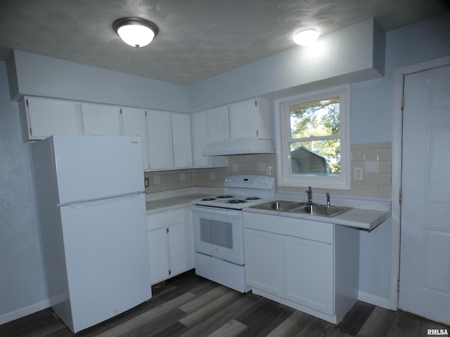 kitchen with white cabinetry, sink, backsplash, and white appliances