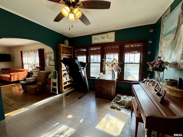 office space with ceiling fan, ornamental molding, and hardwood / wood-style flooring