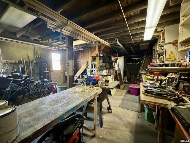 basement with a workshop area