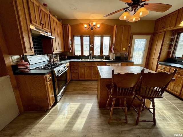 kitchen featuring a kitchen island, sink, light wood-type flooring, a kitchen breakfast bar, and white gas range