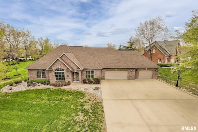 ranch-style house featuring concrete driveway, an attached garage, a front yard, brick siding, and a shingled roof