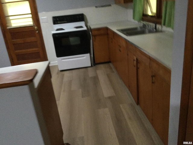 kitchen featuring sink, light hardwood / wood-style flooring, and range with electric cooktop